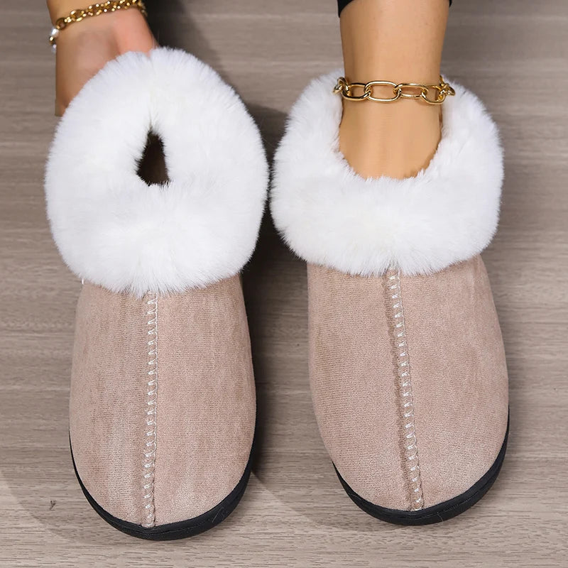 2024 Winter Warm Fur Indoor Home Slippers Women Faux Suede Closed Toe Couple Slippers Woman Comfort Soft Sole House Shoes Slides