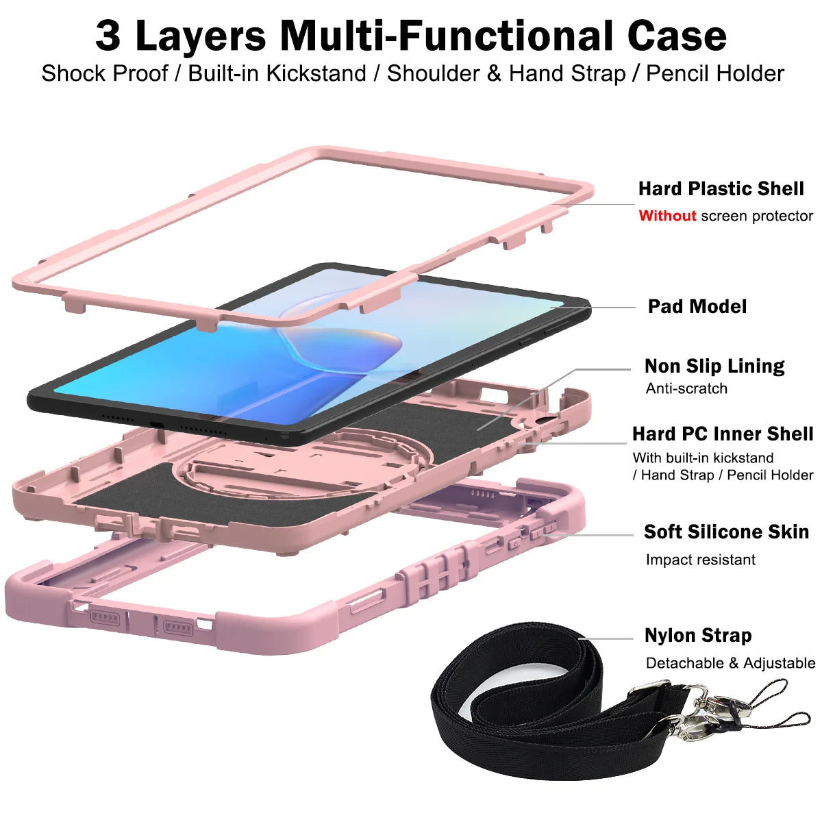 Hand Strap Case For Huawei MatePad 11 2023 SE 10.4 Kickstand 360 Rotating Cover 3 Layers Multi-Functional Shell With Neck Strap