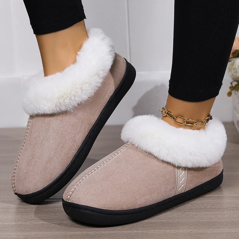 2024 Winter Warm Fur Indoor Home Slippers Women Faux Suede Closed Toe Couple Slippers Woman Comfort Soft Sole House Shoes Slides