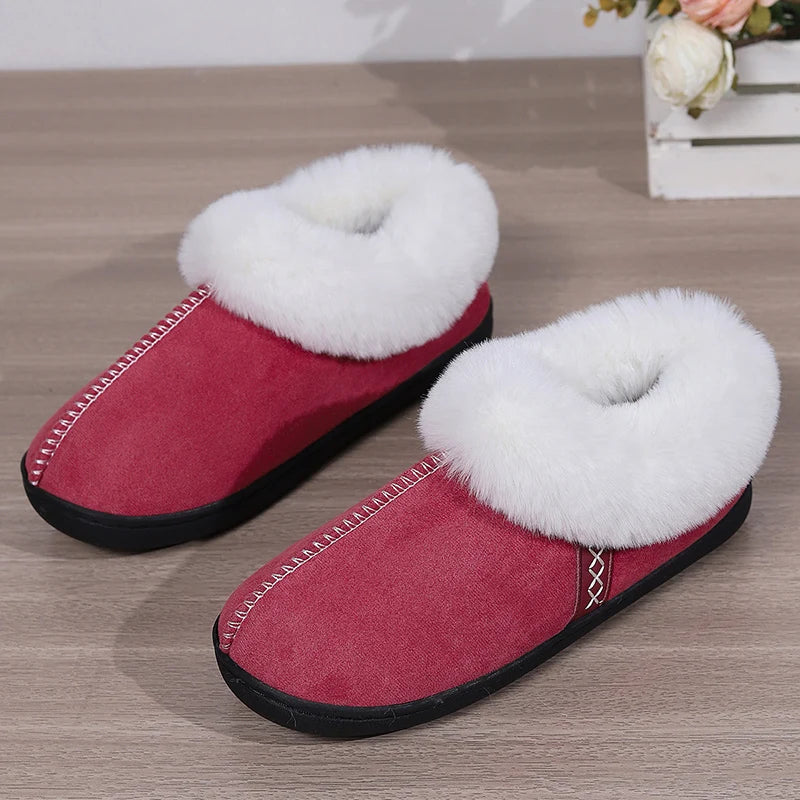 2024 Winter Warm Fur Indoor Home Slippers Women Faux Suede Closed Toe Couple Slippers Woman Comfort Soft Sole House Shoes Slides