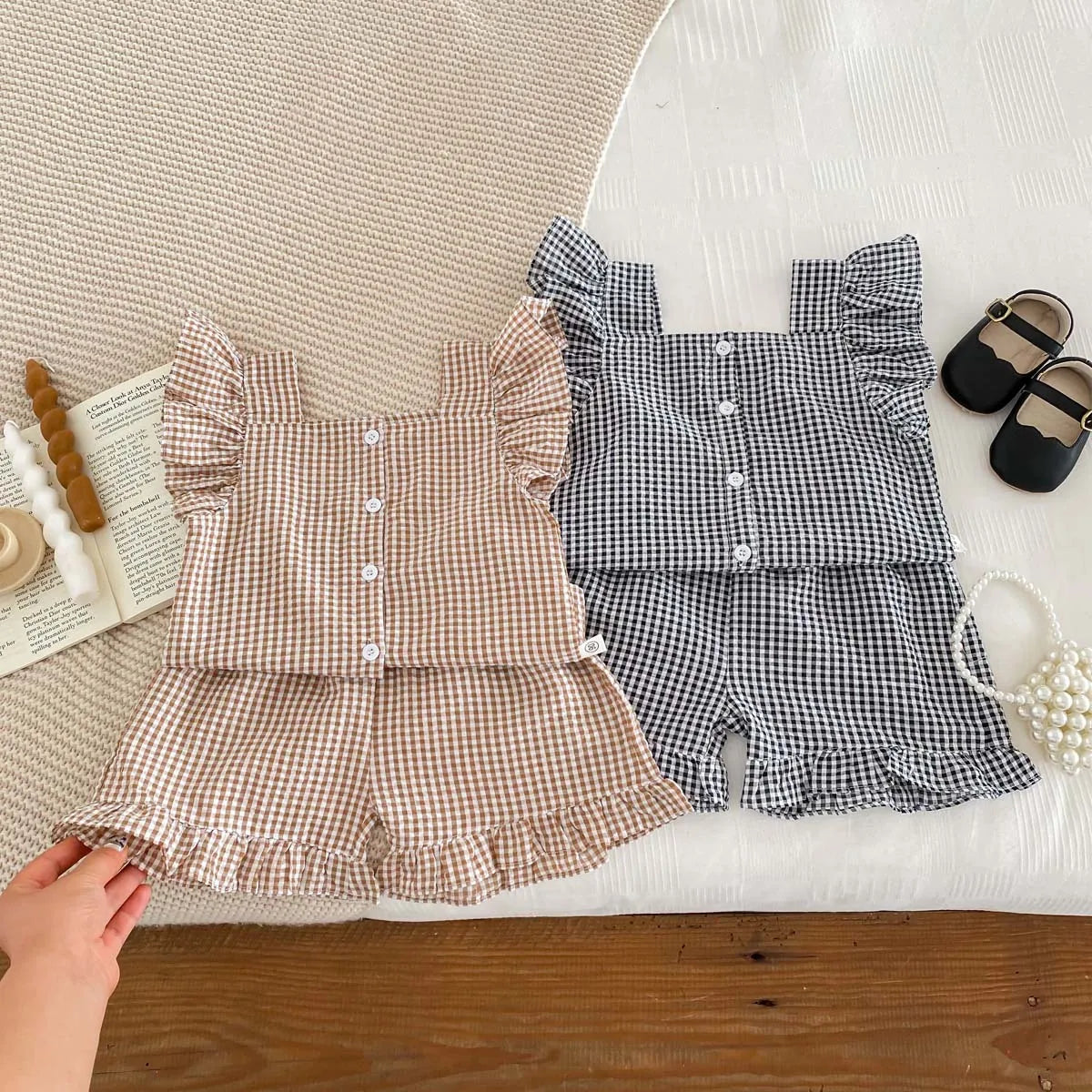 Summer Kids Clothing Set Flying Sleeve Plaid Tee And Shorts 2PCS for Girls Children Outfit Suit