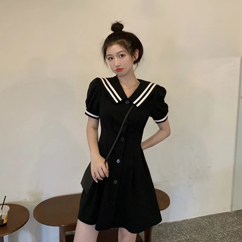 Women Summer Preppy Style Navy Collar V-neck A-line Buttoned Casual Dress