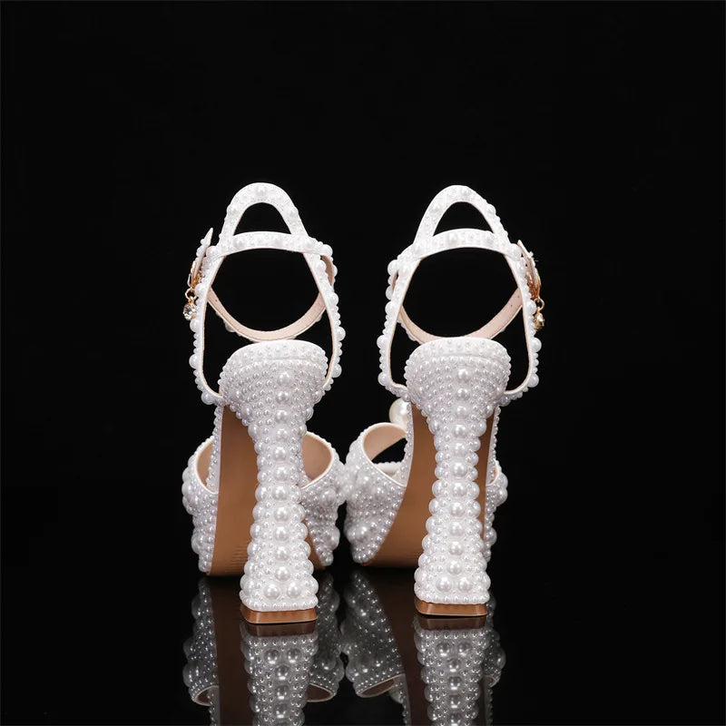 Summer Beaded Thick Heeled Women Gladiator Sandals Luxury Pearls Platform Wedges 14cm High heels Fashion Wedding Banquet Shoes