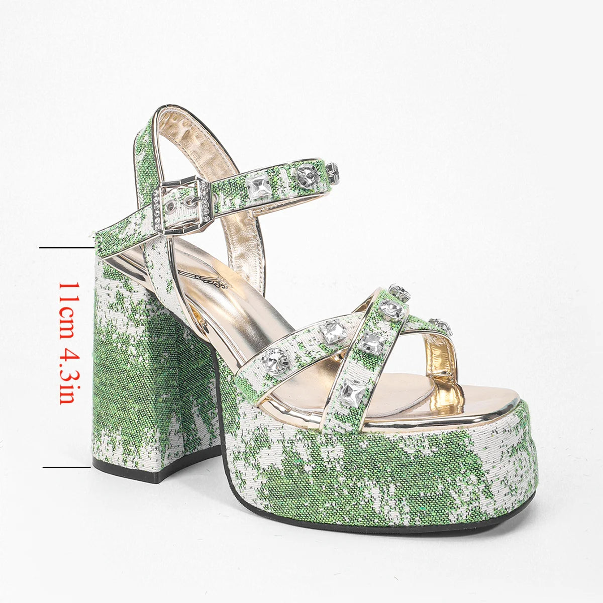 2024 Summer Green Women's Rhinestone Decor Block Y2k Heels Platform Sexy Ankle Strap Sandals Fashion Party Dress Shoes