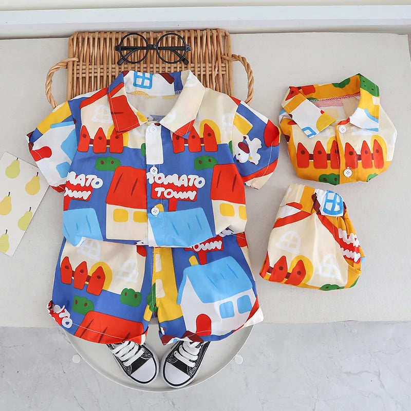 Summer Kids Clothing Set Colorful Cartoon Tee And Shorts 2PCS For Cool Boys Girls Short Sleeve Outfit 1-5Y