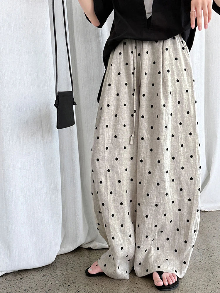 [EAM] High Elastic Waist Linen Dot Embroidery Wide Leg Long Pants New Trousers Women Fashion Tide Spring Autumn 2025 1DJ1548