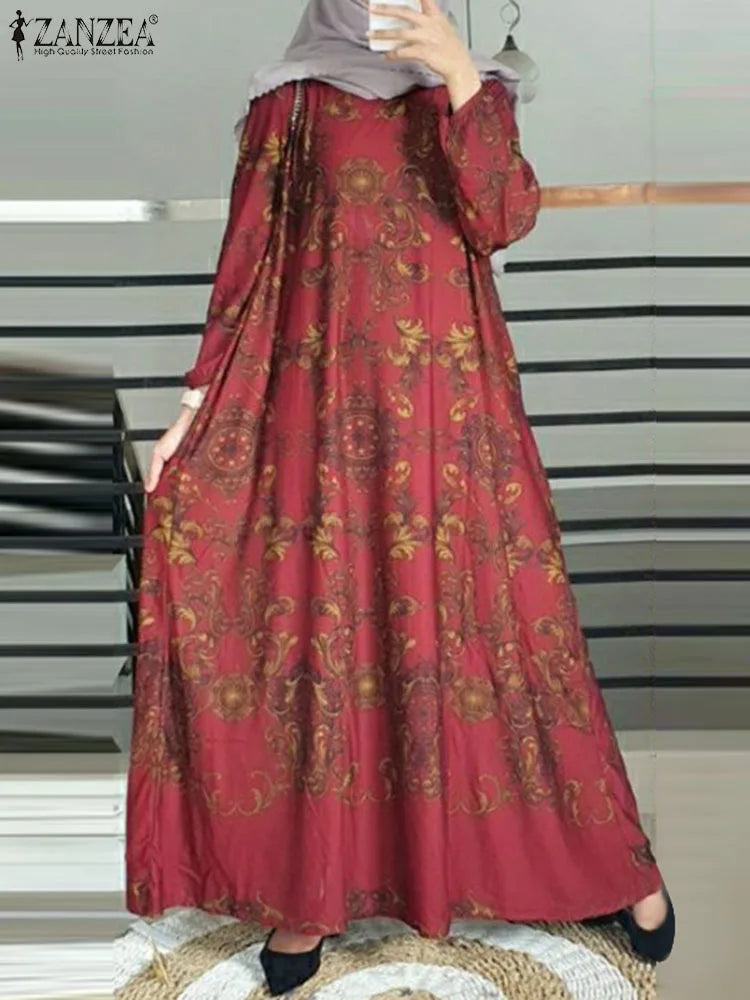 Vintage Turkey Muslim Dress Woman Long Sleeve O-Neck Dresses Elegant Party Maxi Robe Bohemian Floral Printed Sundress