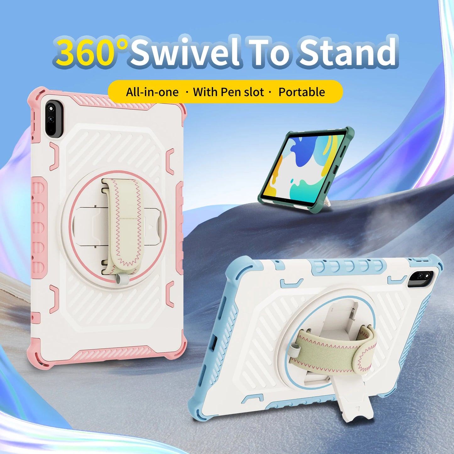 Case For Huawei MatePad 10.4 Pro 11 SE 10.1 T10 S Enjoy Tablet 2 360 Rotating Stand Cover For Honor V7 V6 Hand Strap Shockproof