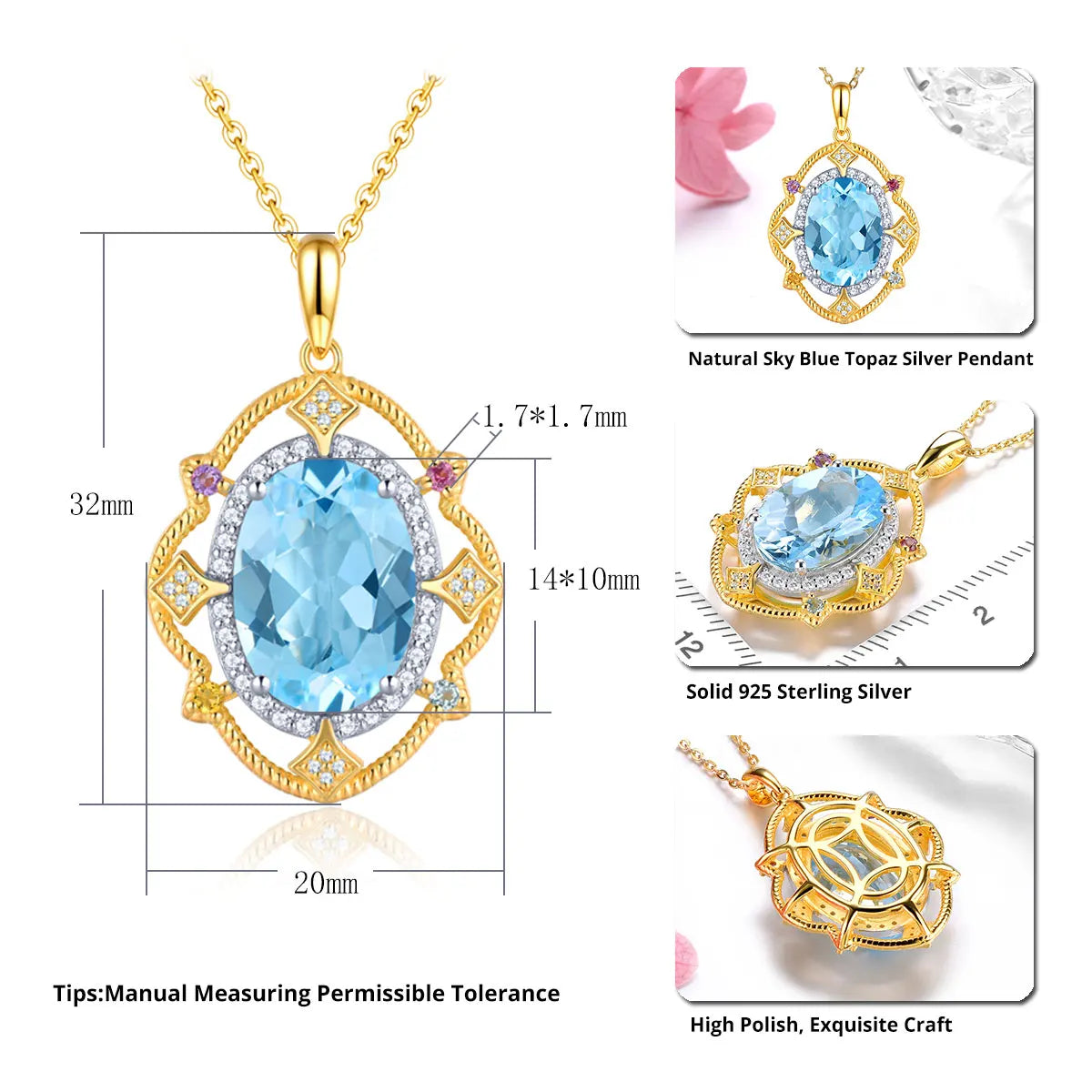 Natural Blue Topaz Silver Yellow Gold Plated Pendant 8 Carats Genuine Sky Blue Gemstone Women Classic Luxury Style Jewelry Gifts