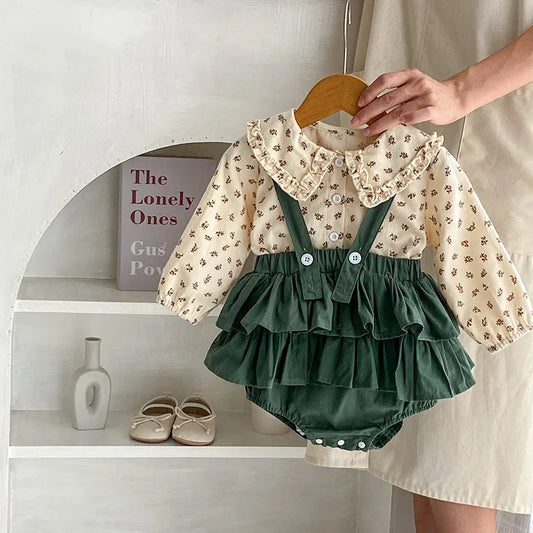 Autumn Toddler Baby Girls Floral Set Blouse And Ruffle Green Bodysuit 2 Pcs Floral Suit 0-3y