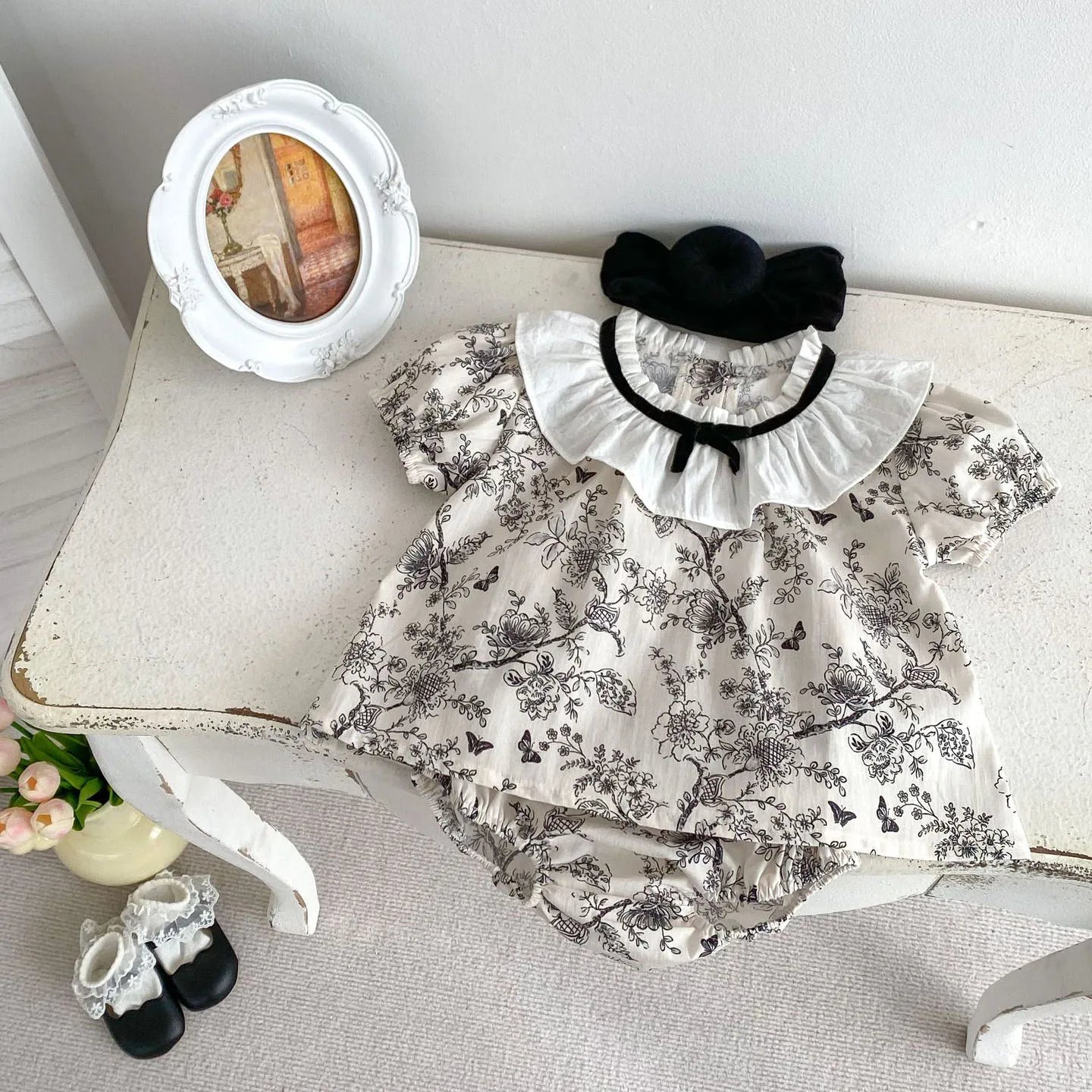 Summer Baby Clothing Set Floral Lace Collar Tops And Bloomer 2 PCS Girls Suit Toddler Tee Set