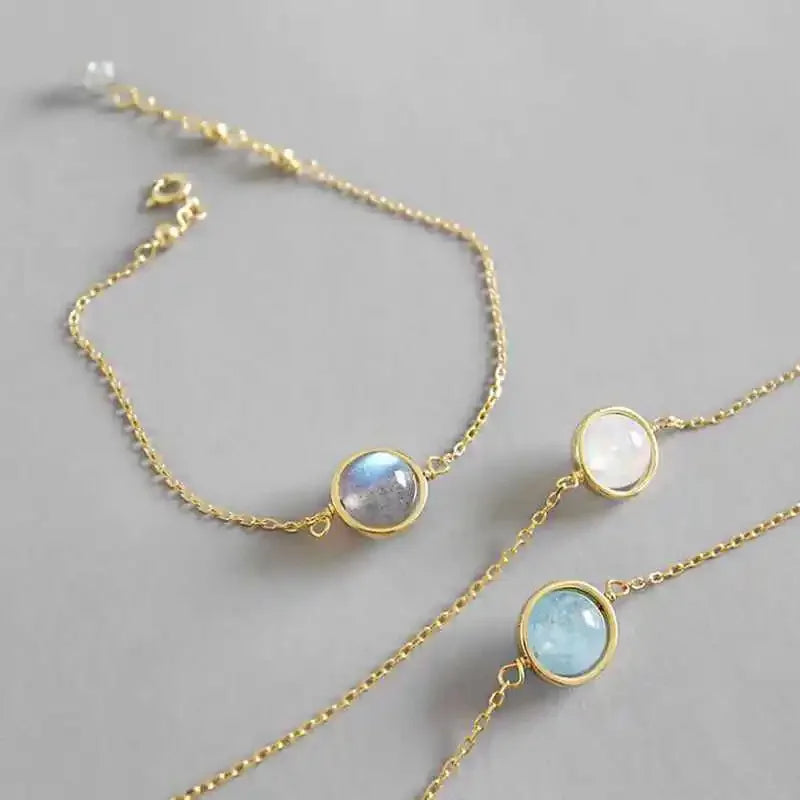 Natural White/Gray Moonstone Aquamarine Bracelets Gold Chain Link 925 Sterling Silver Bracelet for Women Girls Jewelry YBR040