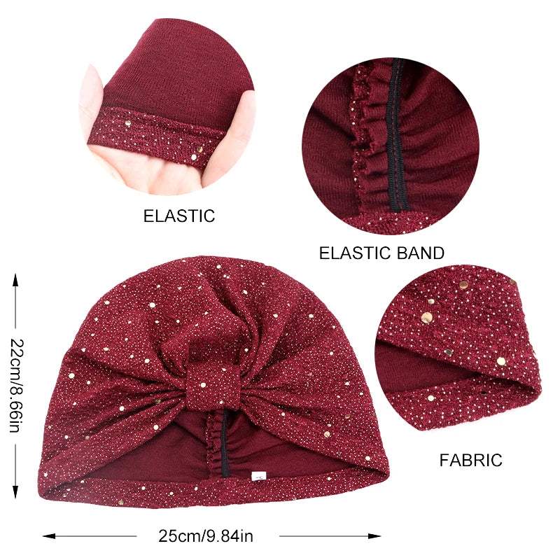 Women's Solid Color Sequin Knotted Turban Hijab Chemo Cap Cancer Hat Hair Loss Headscarf Beanie Bonnet Head Wrap Headband Mujer