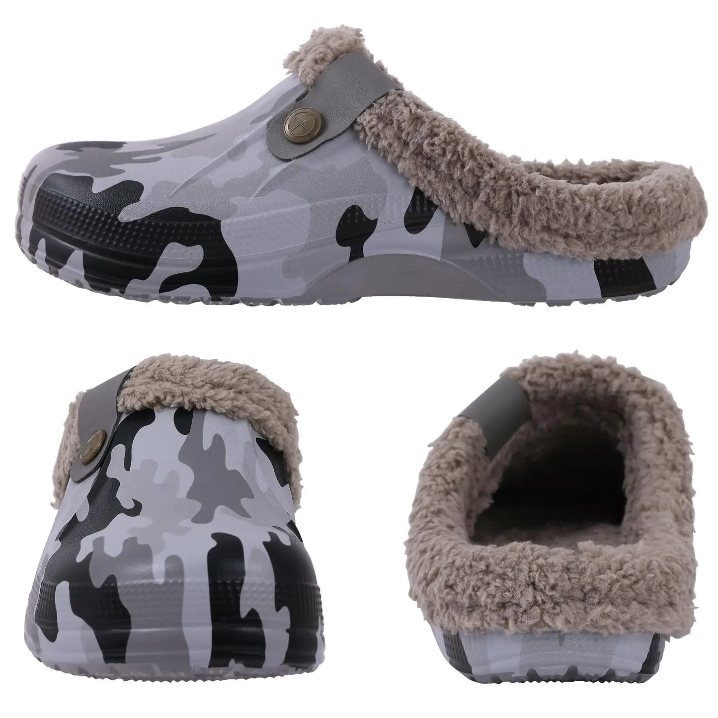 Shevalues Fuzzy Men Clogs Slippers Winter Fur Men Slippers Waterproof Garden Shoes Men Warm House Shoes Anti-slip Fur Slippers