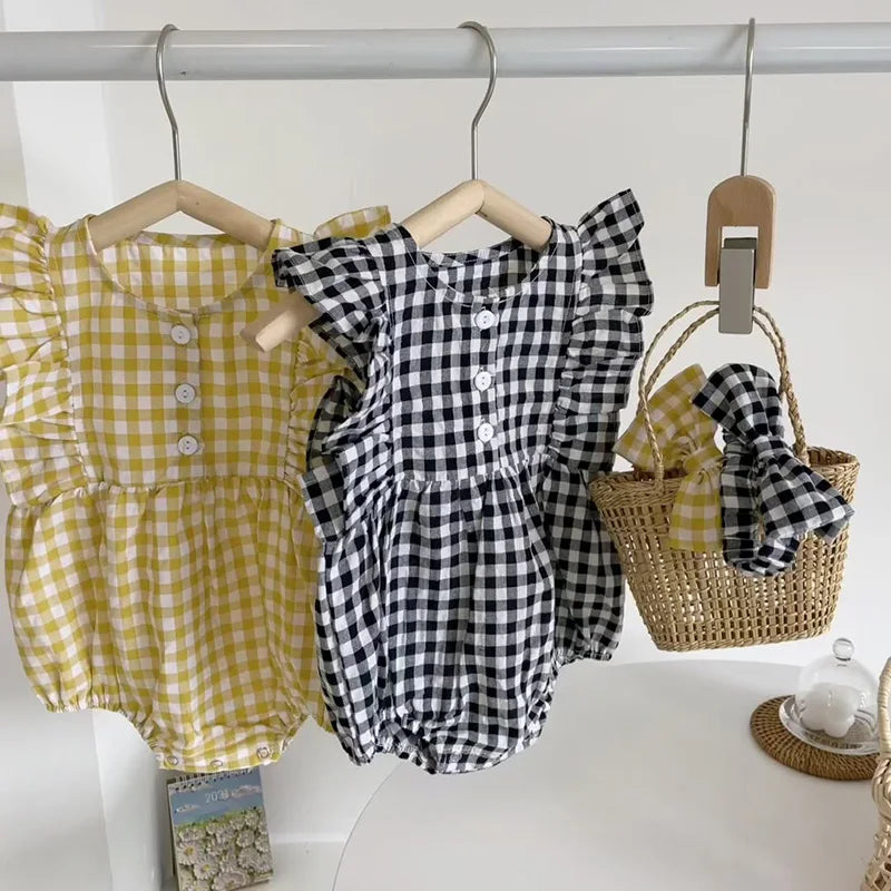 Summer Baby Bodysuits Sweet Flare Sleeve Plaid Baby Girls Bodysuit With Headband Newborn One Piece Infant Outfit