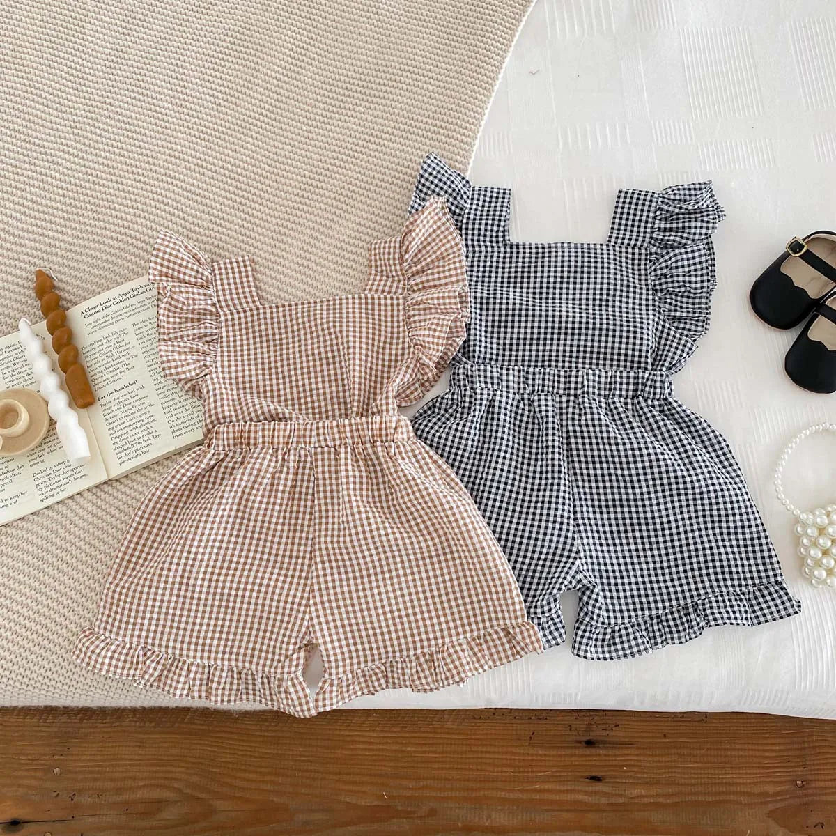 Summer Kids Clothing Set Flying Sleeve Plaid Tee And Shorts 2PCS for Girls Children Outfit Suit