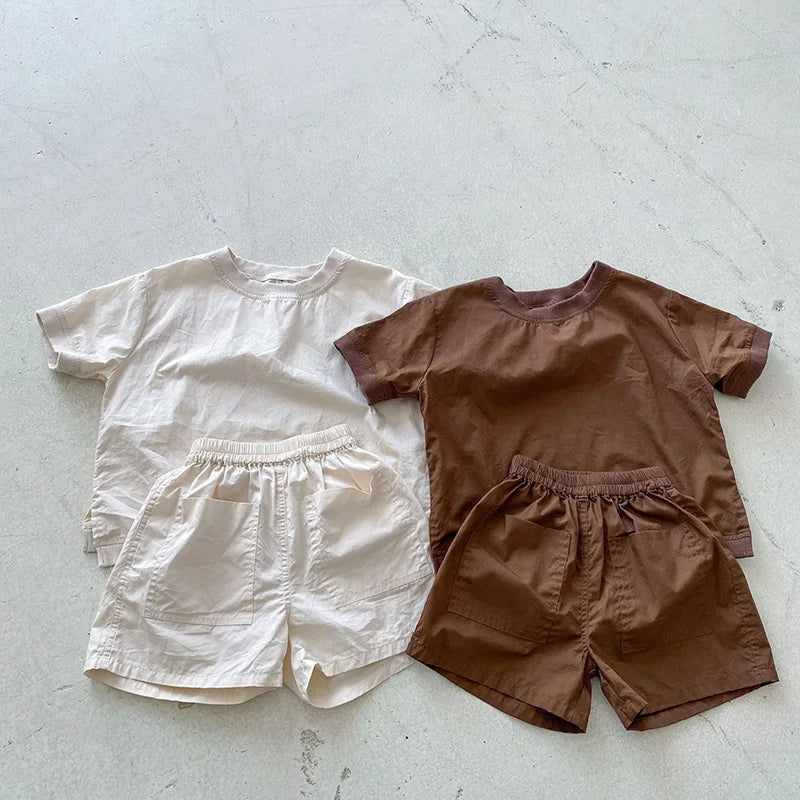 Summer Kids Clothes Set Boys Girls Simple Loose Cotton Short Sleeve Shorts Suit 2 PCS Children Outfit