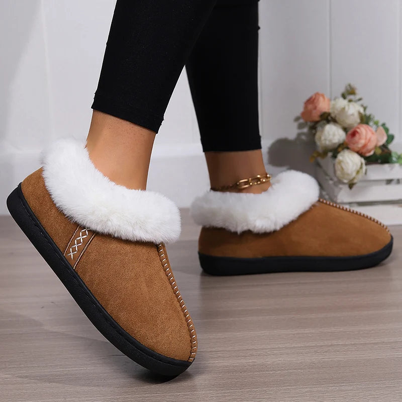 2024 Winter Warm Fur Indoor Home Slippers Women Faux Suede Closed Toe Couple Slippers Woman Comfort Soft Sole House Shoes Slides