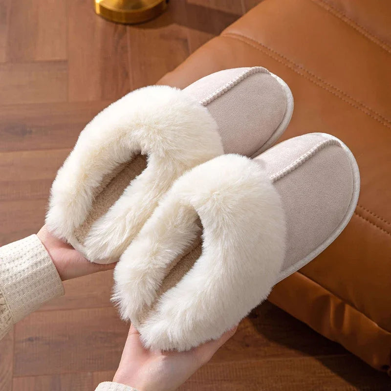 Lucyever 2023 Winter Fur Slippers Women Faux Suede Fluffy Furry Home Slides Woman Comfort Non Slip Indoor Floor Cotton Shoes 45