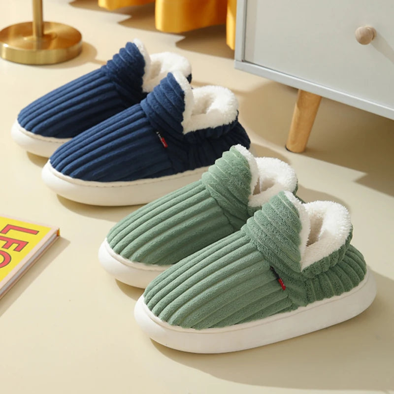 2024 Fashion Couple Winter Warm Plush Slippers Thick Sole Non Slip Casual Cotton Shoes Woman Corduroy Soft Indoor Home Slippers