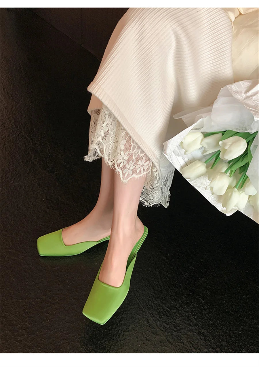 Heel Women Slippers Square Toe Prom Dress Shoes Woman Summer Mules Satin High Heel Pumps Gladiator Sandals