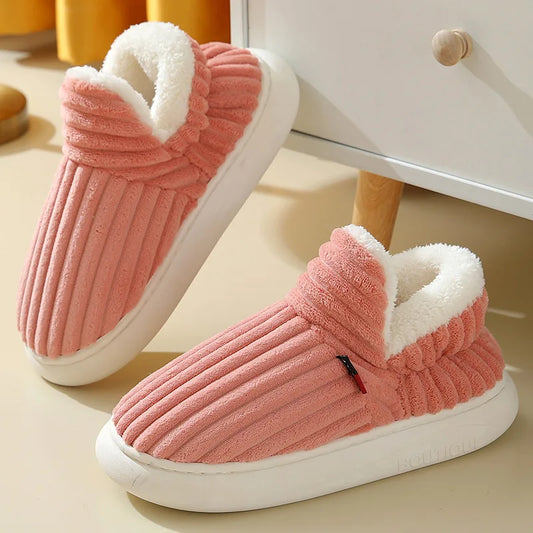 2024 Fashion Couple Winter Warm Plush Slippers Thick Sole Non Slip Casual Cotton Shoes Woman Corduroy Soft Indoor Home Slippers