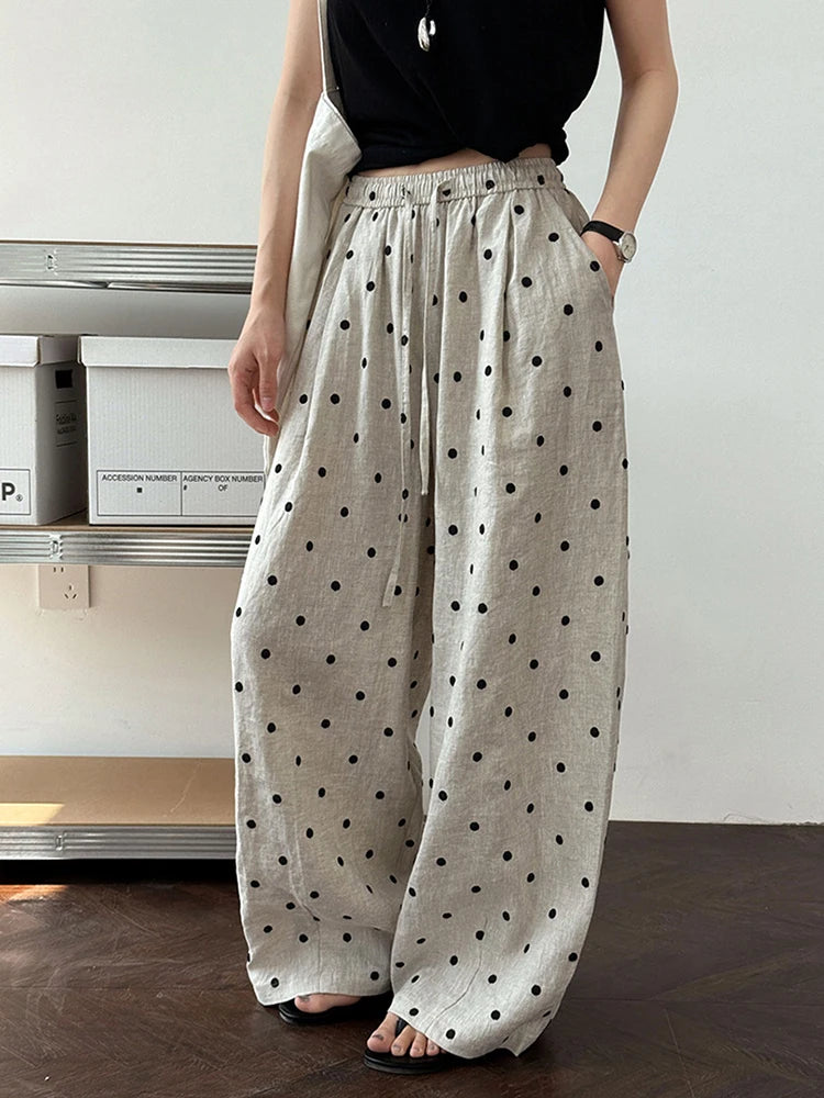 [EAM] High Elastic Waist Linen Dot Embroidery Wide Leg Long Pants New Trousers Women Fashion Tide Spring Autumn 2025 1DJ1548