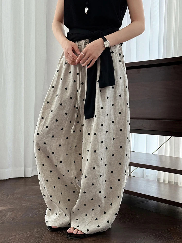 [EAM] High Elastic Waist Linen Dot Embroidery Wide Leg Long Pants New Trousers Women Fashion Tide Spring Autumn 2025 1DJ1548