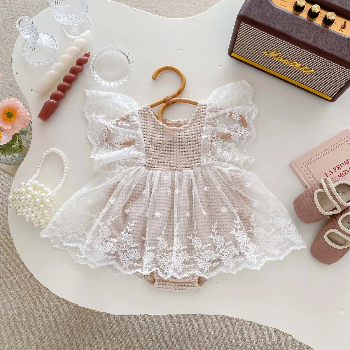 Summer Baby Clothes Lace Flying Sleeve Toddler Bodysuit Waffle One Piece Baby Girls Party Clothes