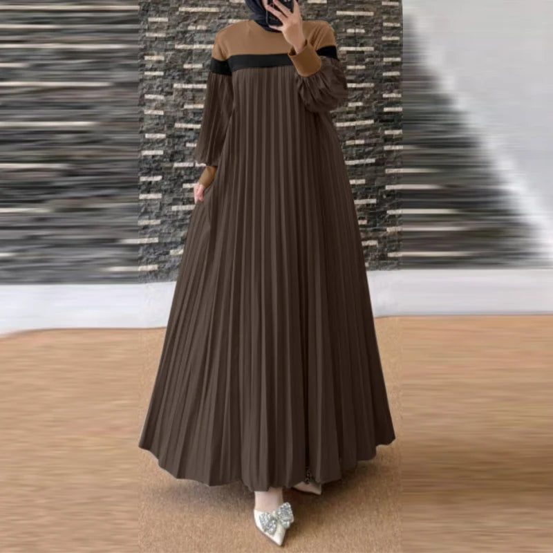 Fashion Women Autumn Long Lantern Sleeve Muslim Dress Abaya Islamic Robe Kaftan Patchwork Sundress Pleated Vestidos