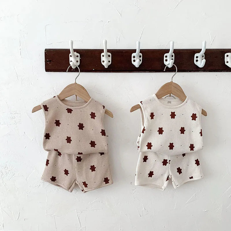 Summer Baby Clothes Set Infant Girs Waffle Bear Vest And Shorts 2 PCS Toddler Outfit Boys Tee Suit