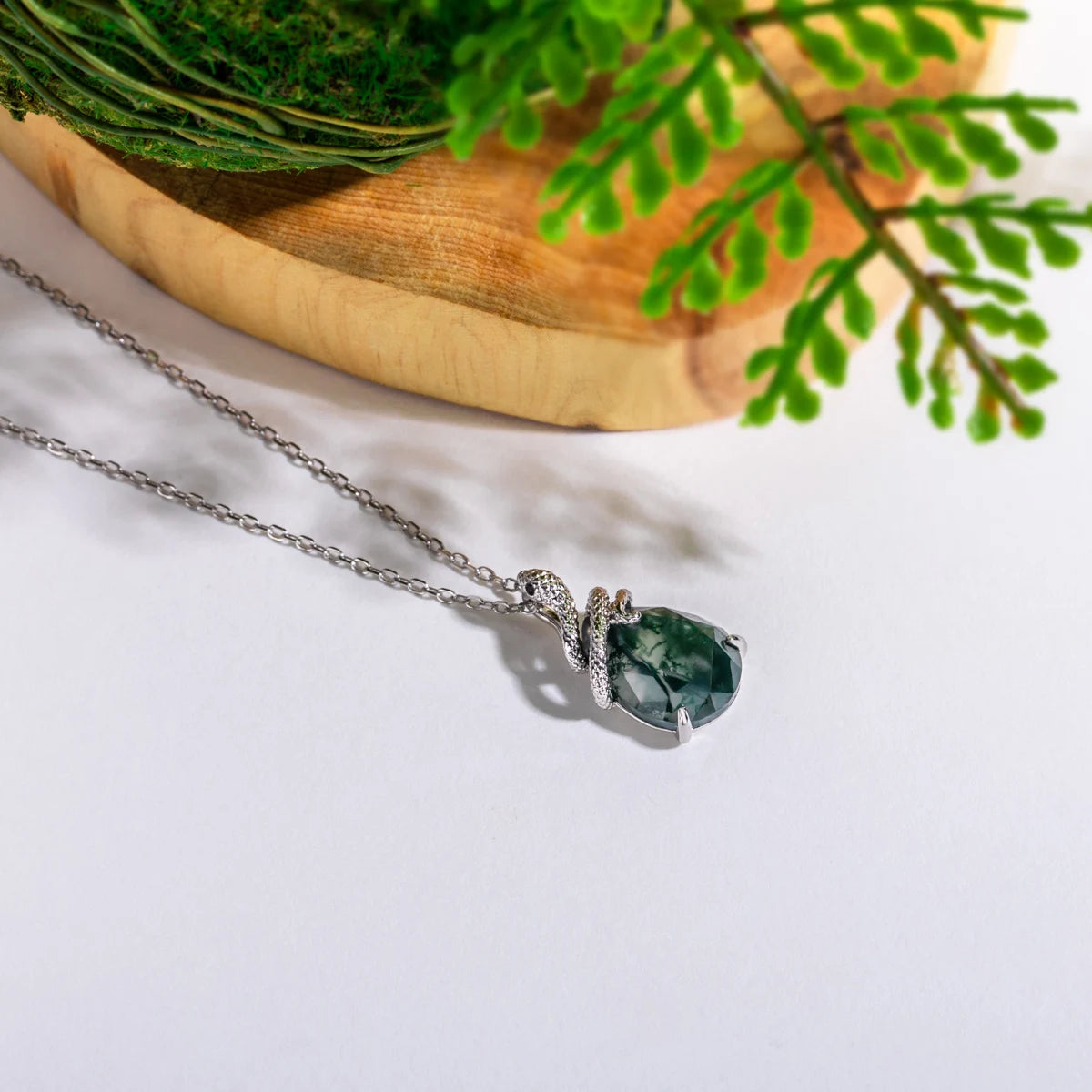 AliMoss 10*13mm Oval Cut Green Moss Agate Snake Necklace 925 Sterling Silver Cubic Zircon Pendant(18+2in) for Women Gifts