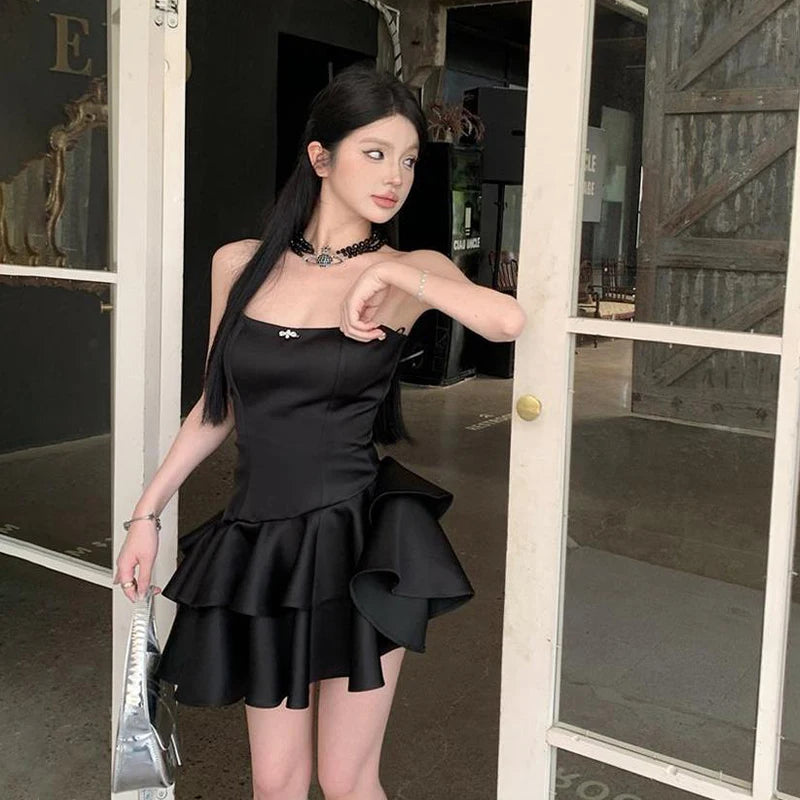 Summer Irregular Strapless Women Sexy A-Line Party Tiered Balck Mini Dress