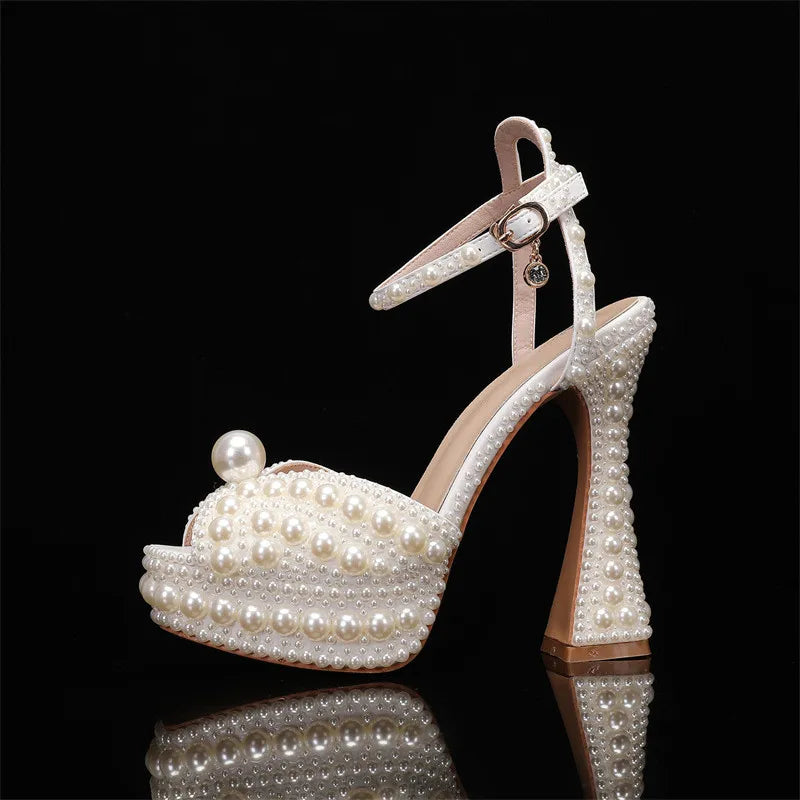 Summer Beaded Thick Heeled Women Gladiator Sandals Luxury Pearls Platform Wedges 14cm High heels Fashion Wedding Banquet Shoes