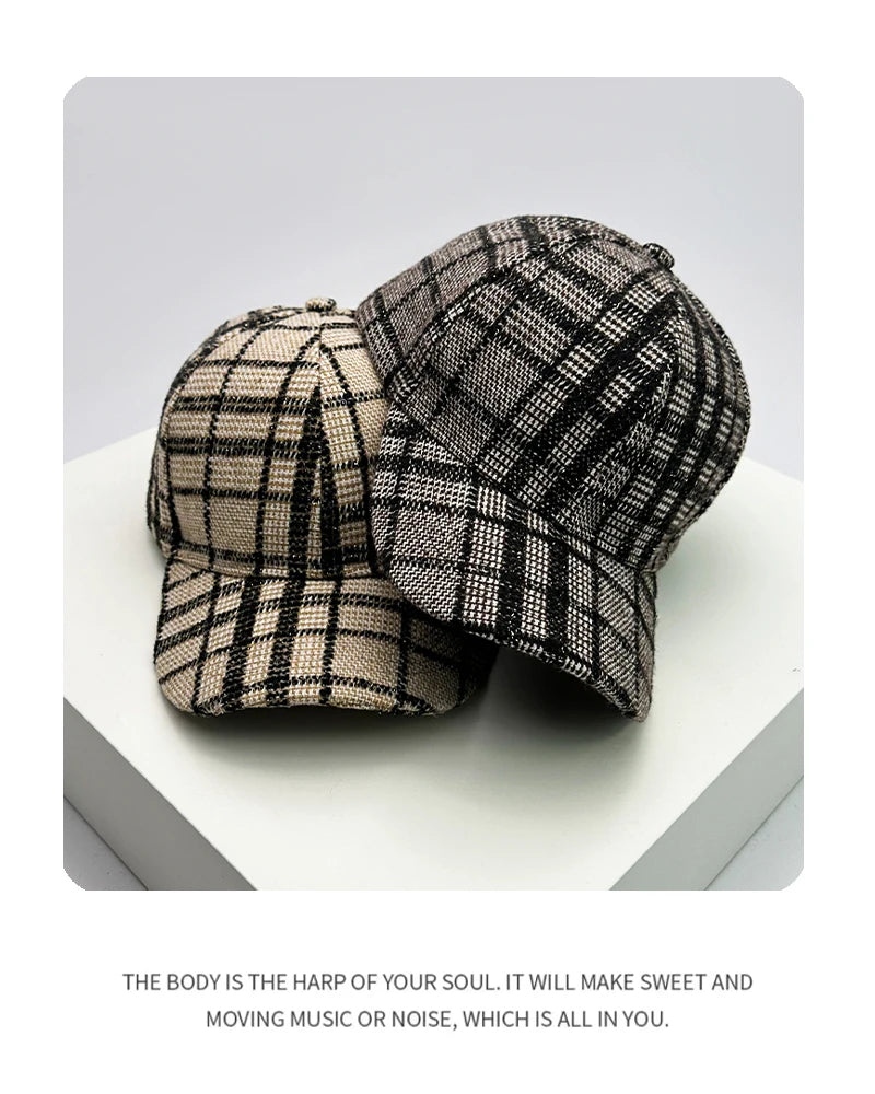 Autumn and Winter New Men Women Warm Woolen Cloth Versatile Baseball Caps Cotton Fashion Casual Retro Check British Style Trend