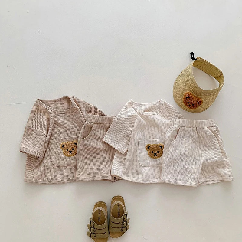 Summer Soft Waffle Baby Girls Clothing Set Front Pocket Bear Tee and Shorts 2Pcs Infant Boys Short Sleeved Suit