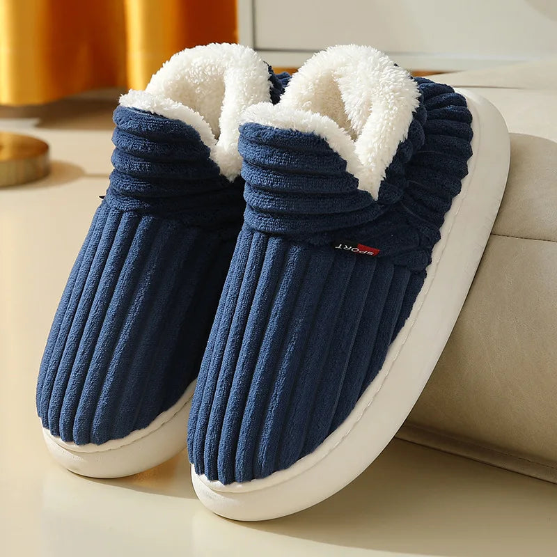 2024 Fashion Couple Winter Warm Plush Slippers Thick Sole Non Slip Casual Cotton Shoes Woman Corduroy Soft Indoor Home Slippers