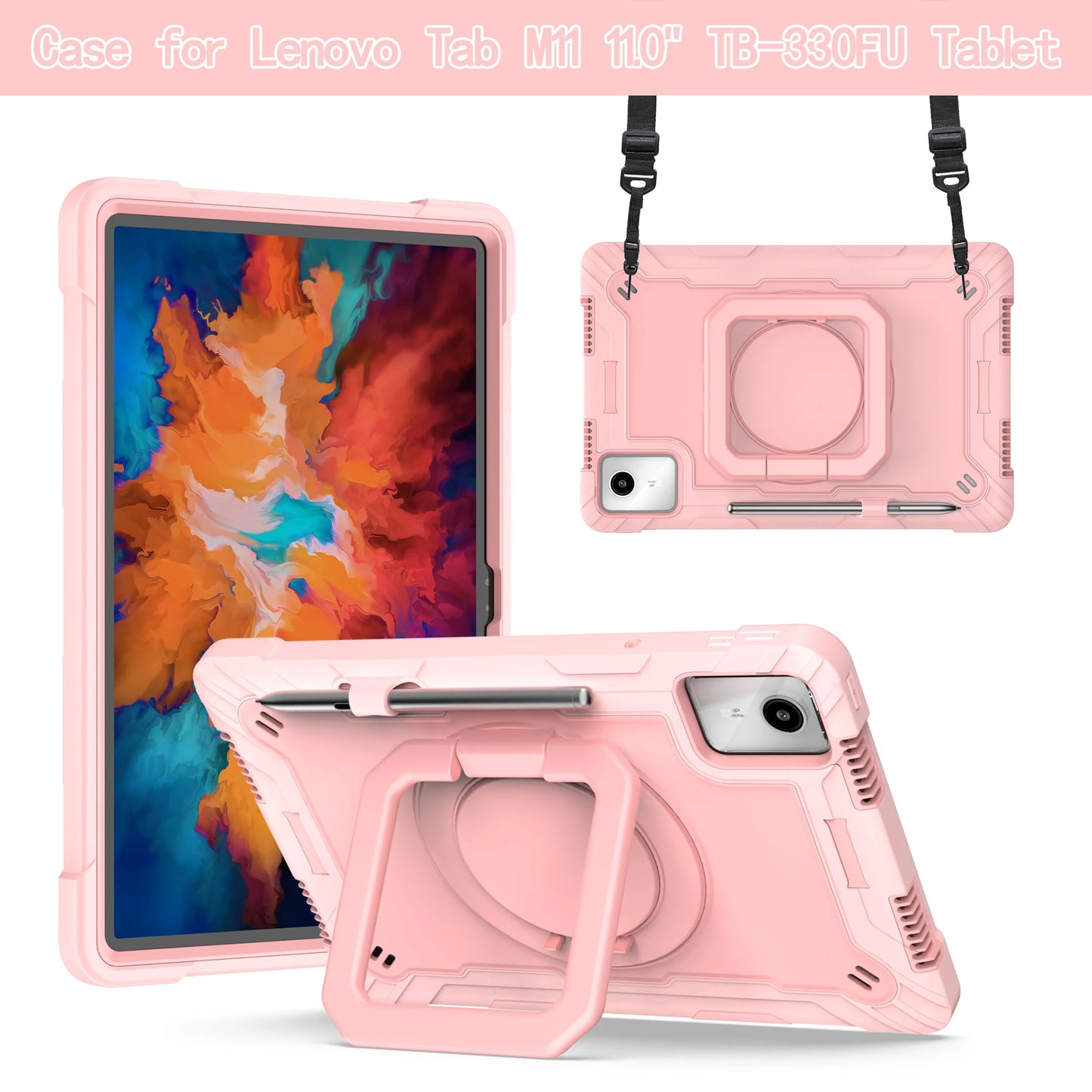 Stand Case for Lenovo Xiaoxin Pad 2024 Tab M11 TB-330FU TB-331FC Tablet Cover With 360 Rotating Handle Grip and Shoulder Strap