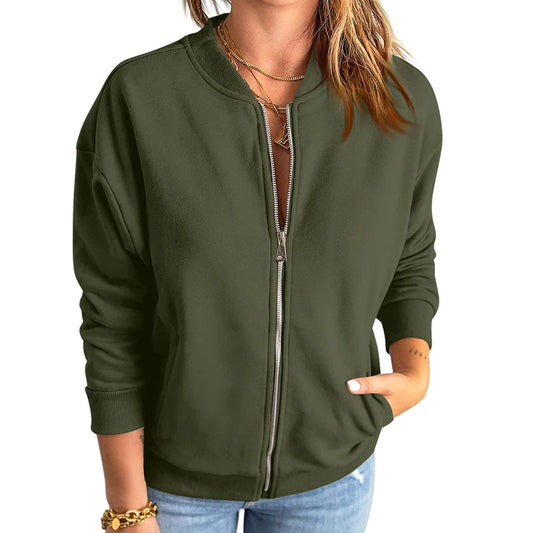 Women's Jacket Long Sleeve Zip Solid Sweatshirt Jacket Casual Loose Jacket (With Pockets)