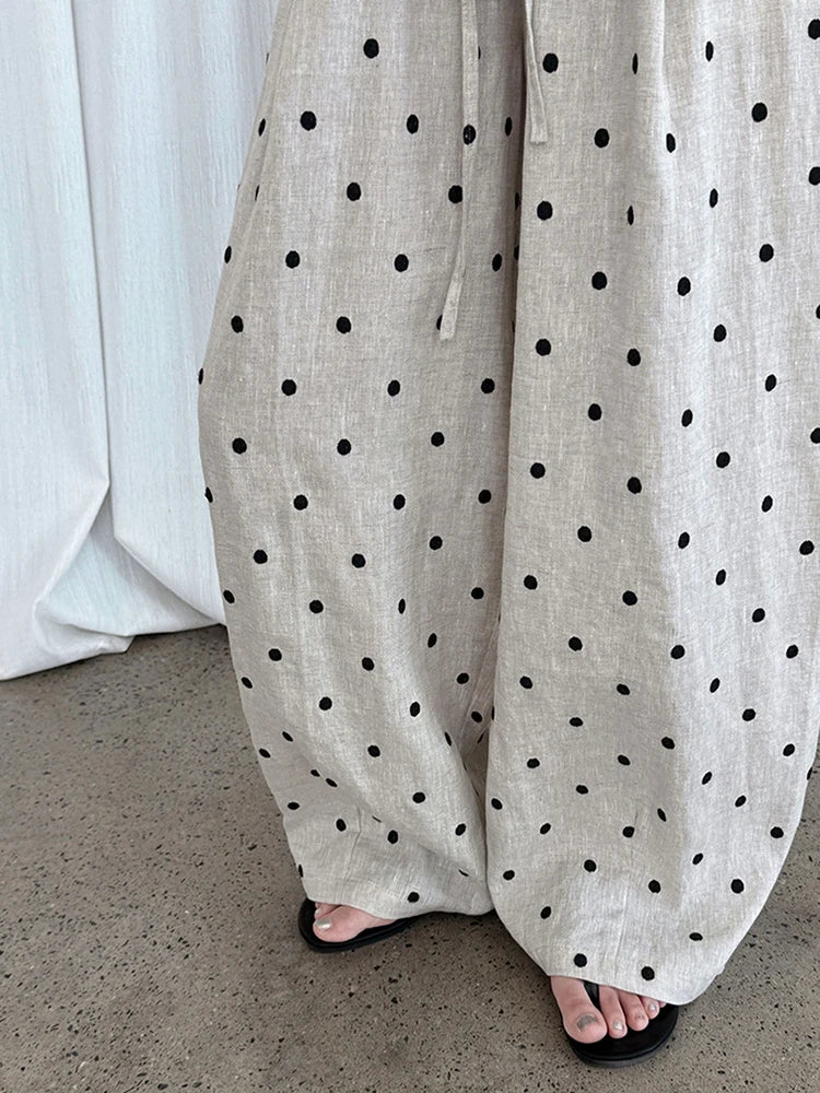 [EAM] High Elastic Waist Linen Dot Embroidery Wide Leg Long Pants New Trousers Women Fashion Tide Spring Autumn 2025 1DJ1548