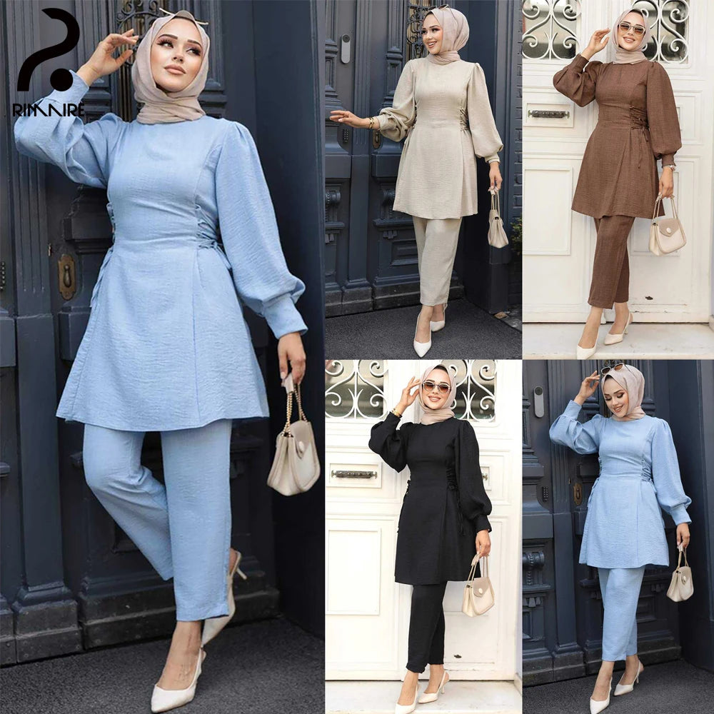 Fashion Women's Muslim Blouse Pant Set Spring Autumn Long Sleeves Ladies Islamic Suit Slim Fit Muslim Clothing Wholesale