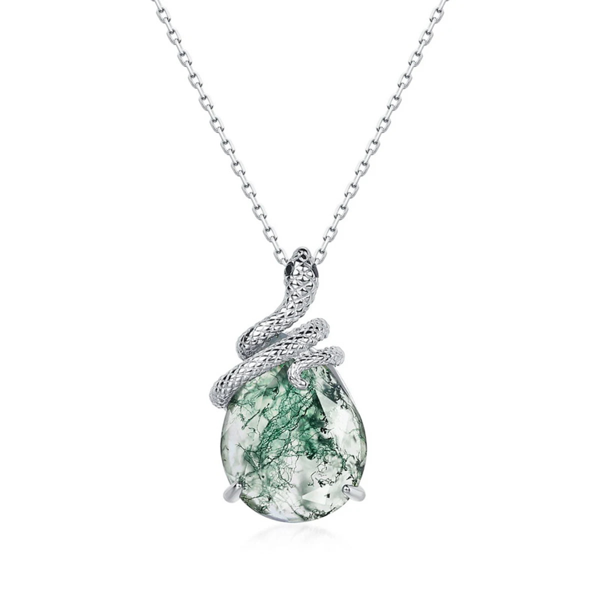 AliMoss 10*13mm Oval Cut Green Moss Agate Snake Necklace 925 Sterling Silver Cubic Zircon Pendant(18+2in) for Women Gifts