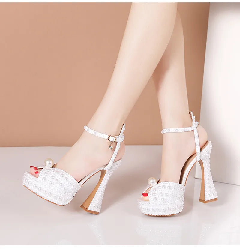 Summer Beaded Thick Heeled Women Gladiator Sandals Luxury Pearls Platform Wedges 14cm High heels Fashion Wedding Banquet Shoes