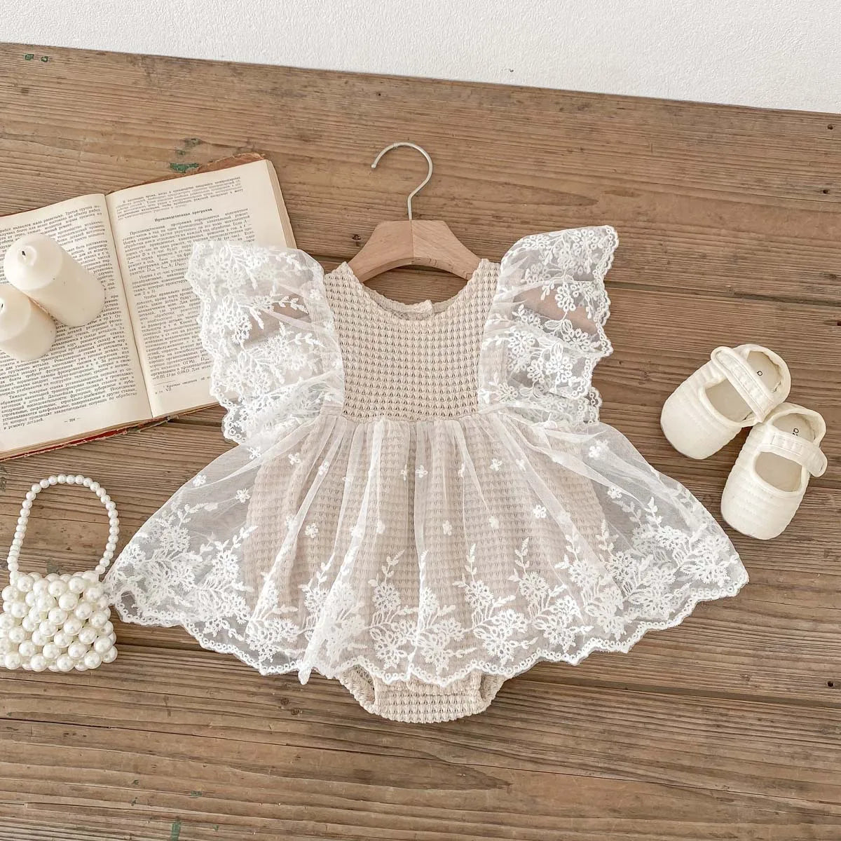 Summer Baby Clothes Lace Flying Sleeve Toddler Bodysuit Waffle One Piece Baby Girls Party Clothes