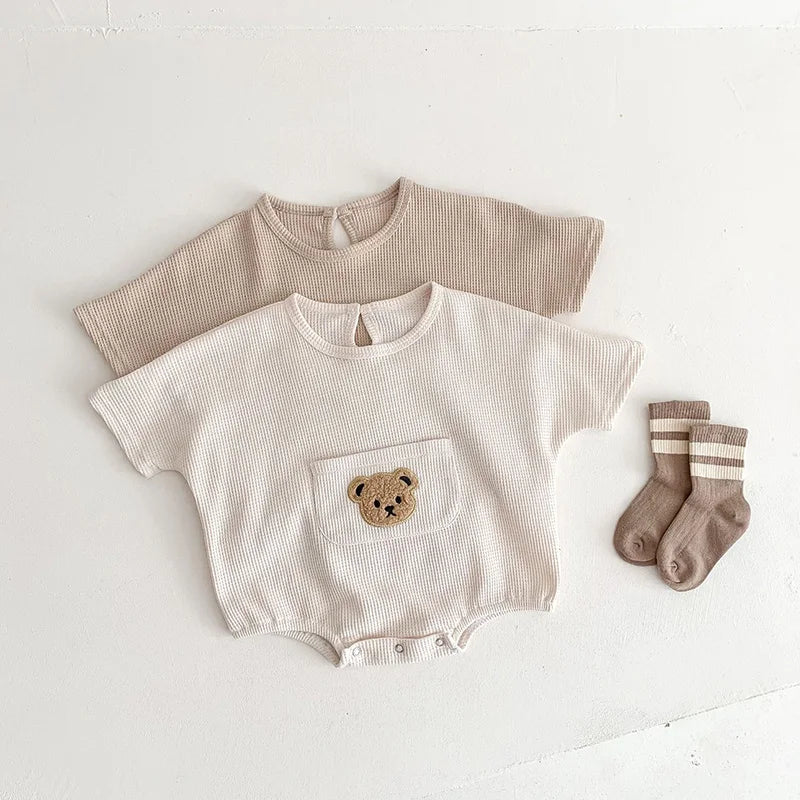 Summer Soft Waffle Baby Girls Clothing Set Front Pocket Bear Tee and Shorts 2Pcs Infant Boys Short Sleeved Suit