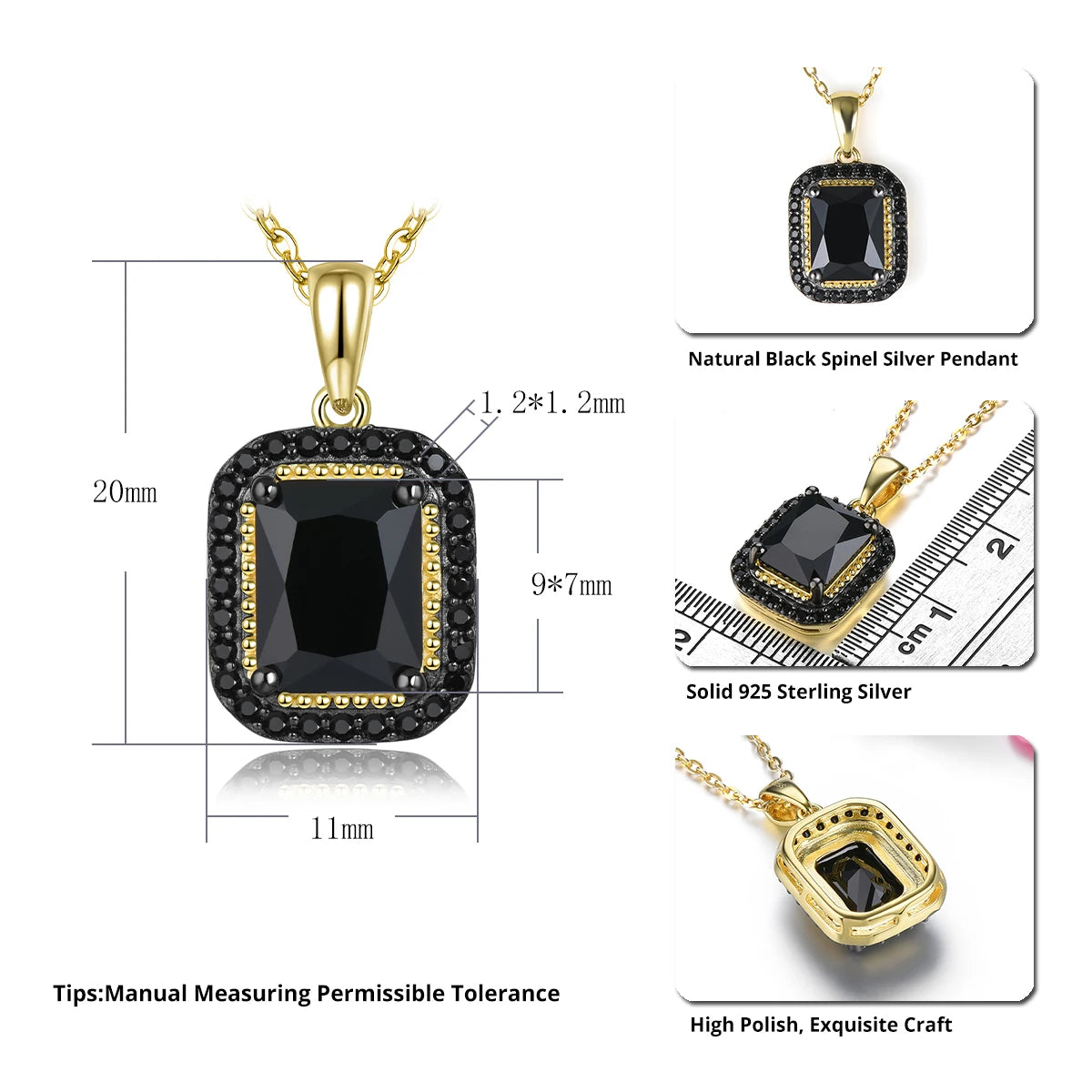 Natural Black Spinel Solid Sterling Silver Yellow Gold Plated Pendants 2.9 Carats Genuine Gemstone Classic Fine Jewelry Gifts