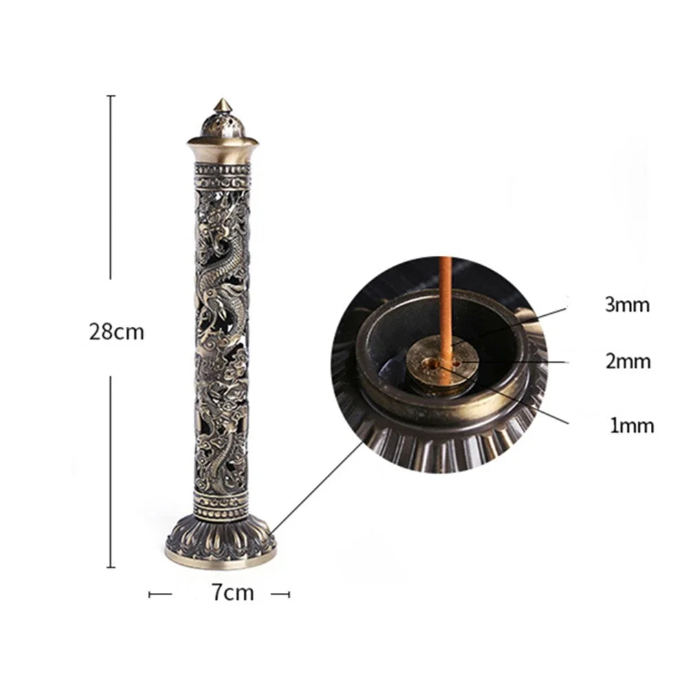 Retro Vertical Incense Burner Buddha Heart Sutra Dragon Phoenix Pillar Metal Incense Stick Home Office Ceremony Decoration