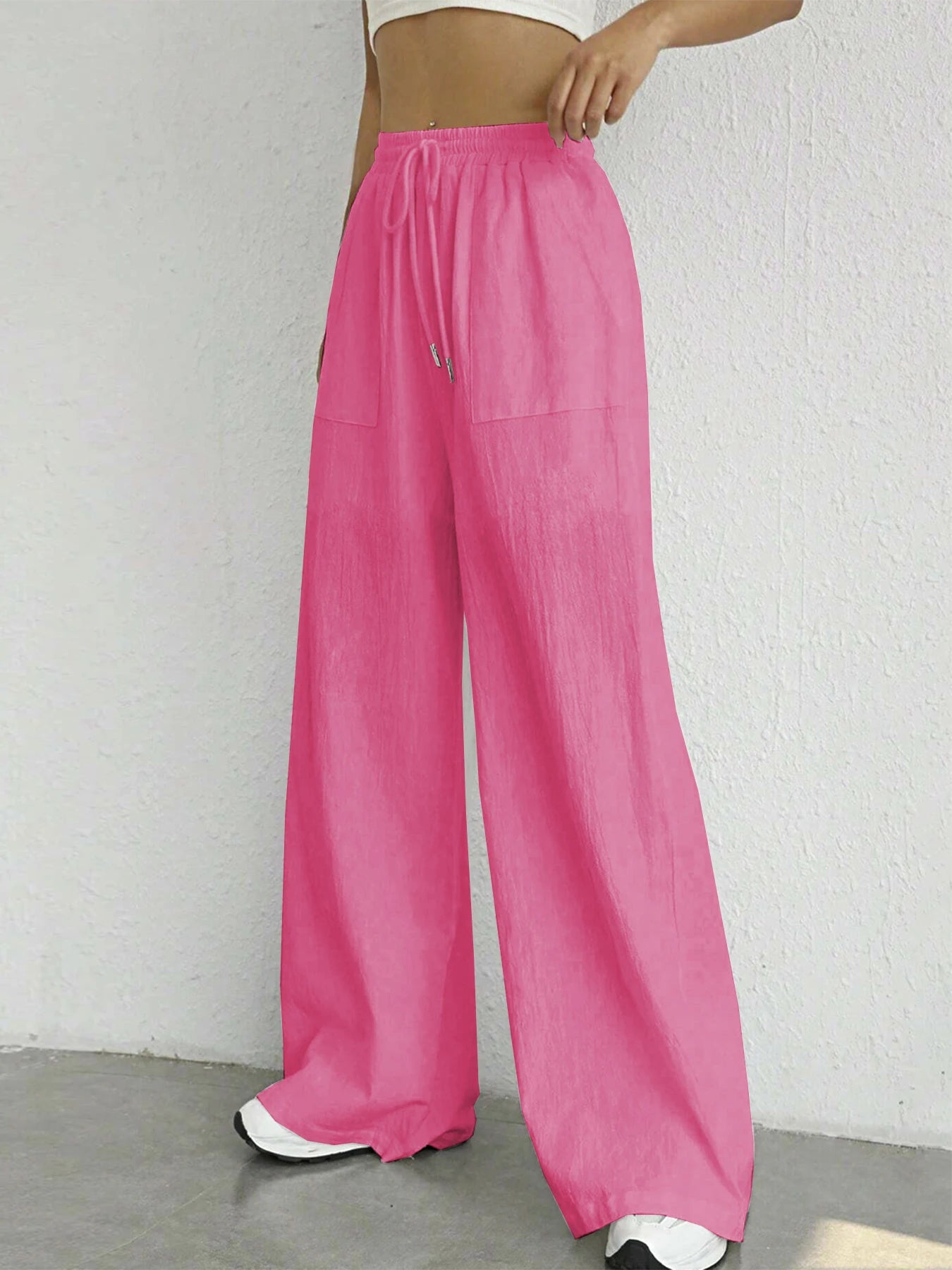 Solid Drawstring Wide Leg Pants, Casual Elastic Waist Slant Pocket Pants For Spring & Summer, Women's Clothing