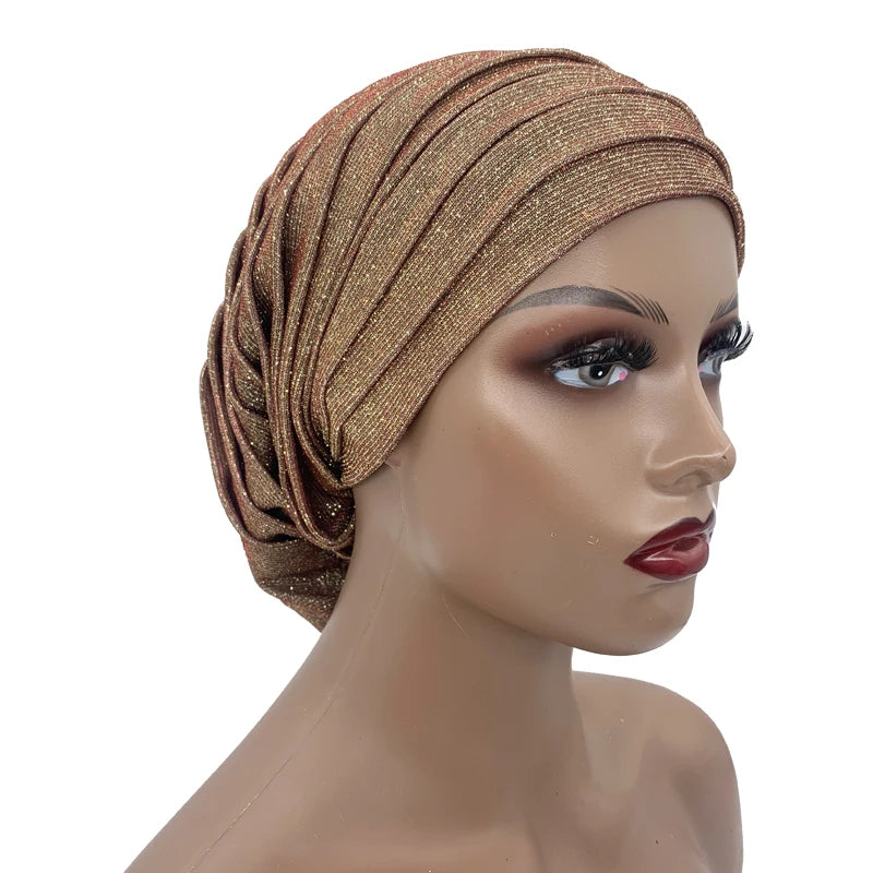 Glitter Full Body Pleated Turban Cap for Women 2023 Lady Head Wraps Muslim Headscarf Hat Turbante Mujer African Headpiece