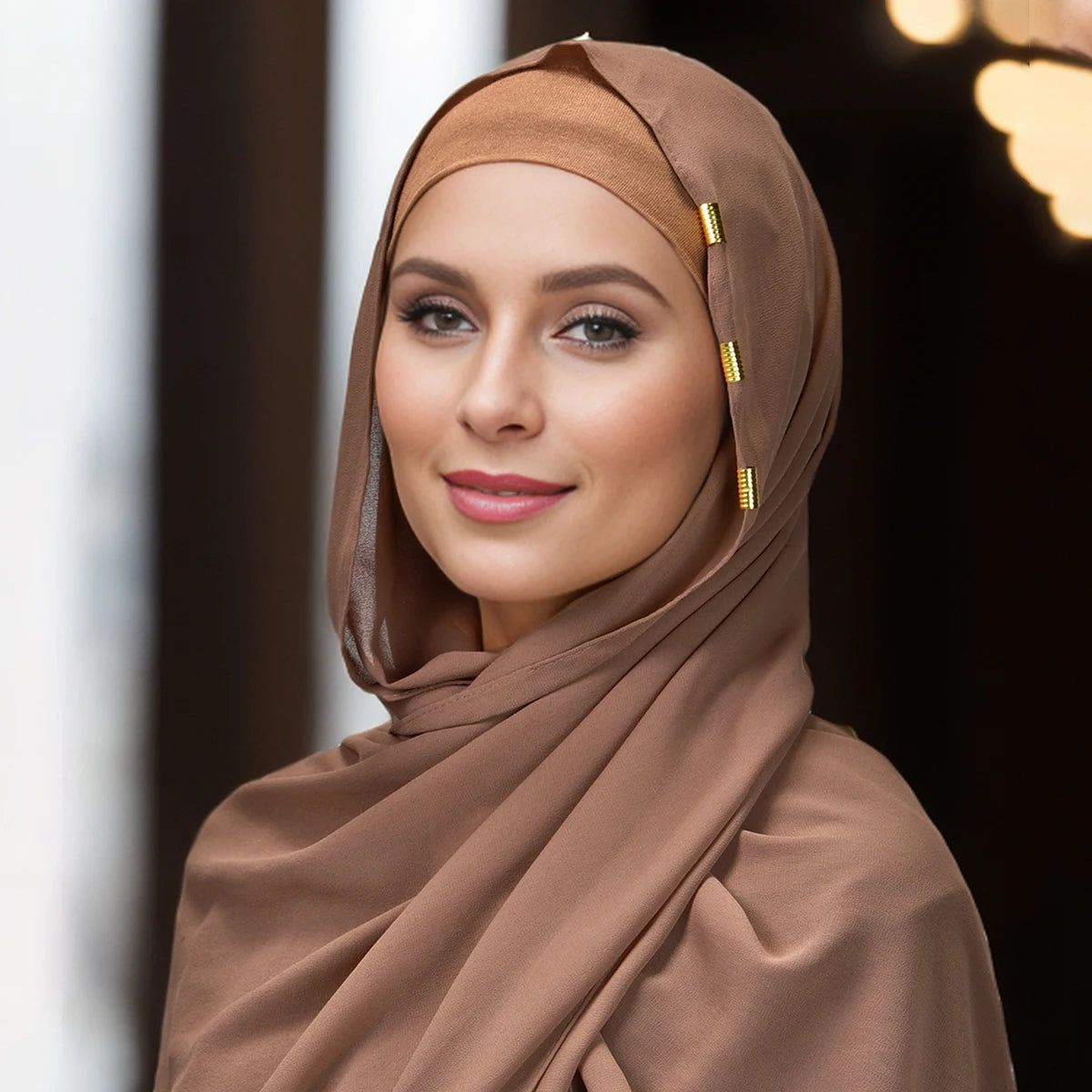 2pcs/set Women Plain Chiffon Hijab with Metal Accessories Thin Soft Muslim Pearl Chiffon Long Shawl Shining Metal Buckles